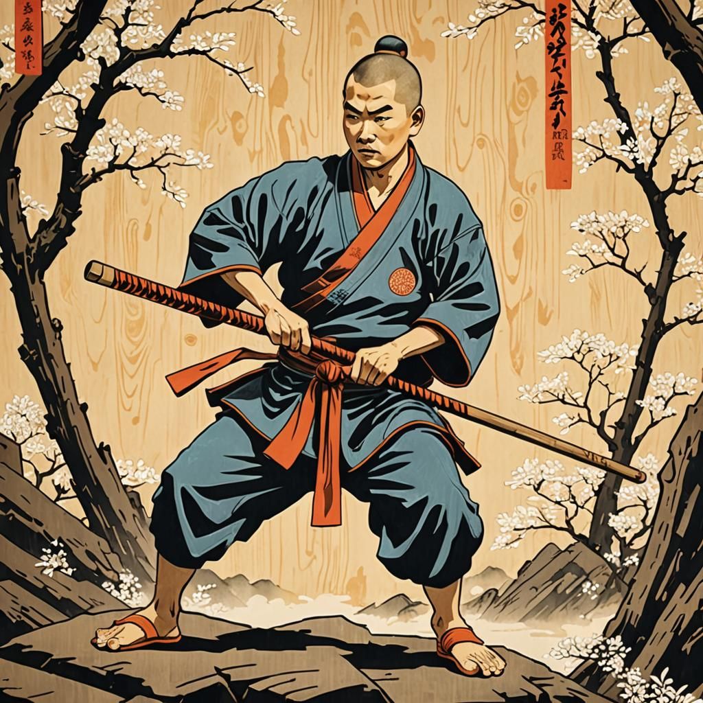 Young Shaolin Monk in Ukiyo-e Style