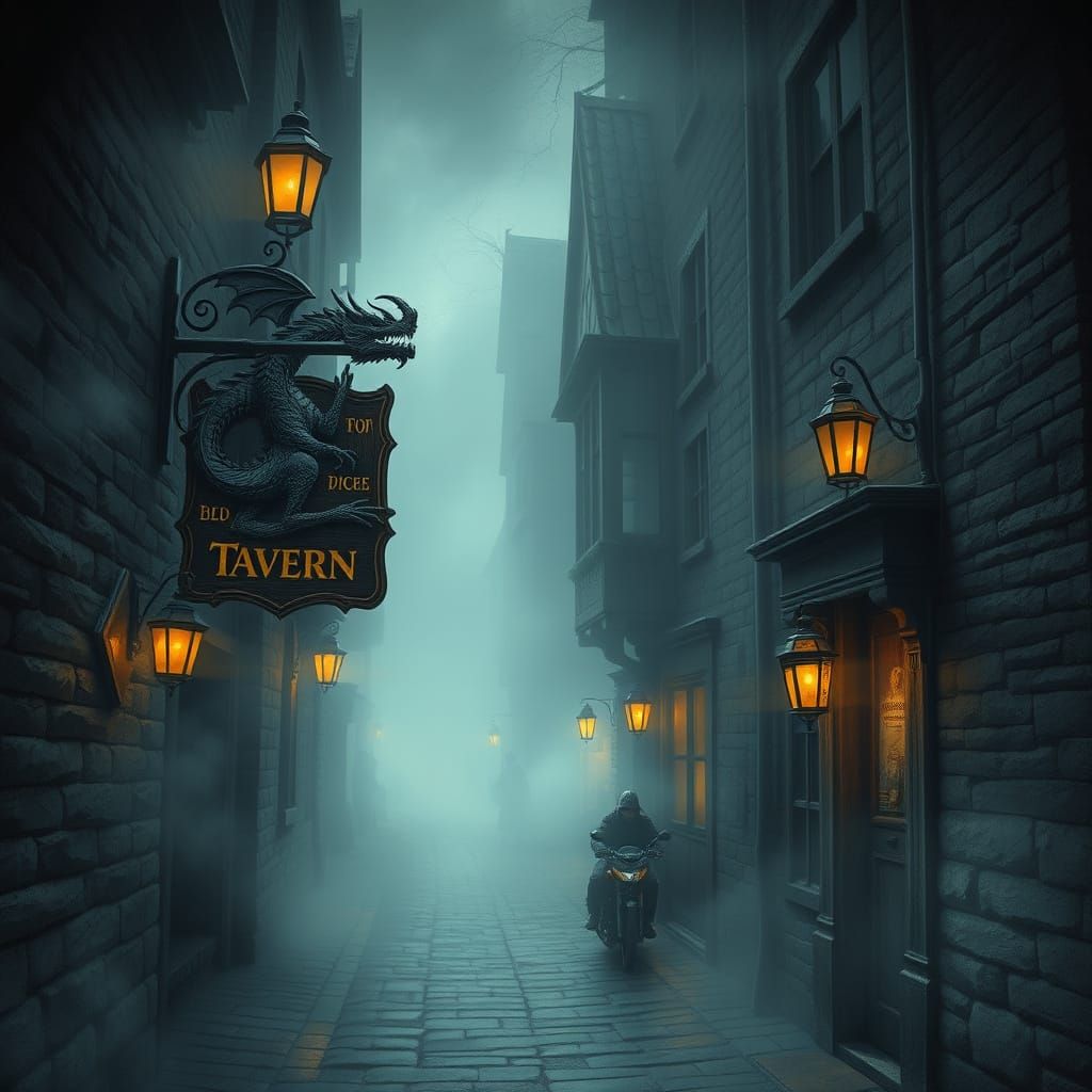 Mystical Medieval Alleyway with Dragon Sign