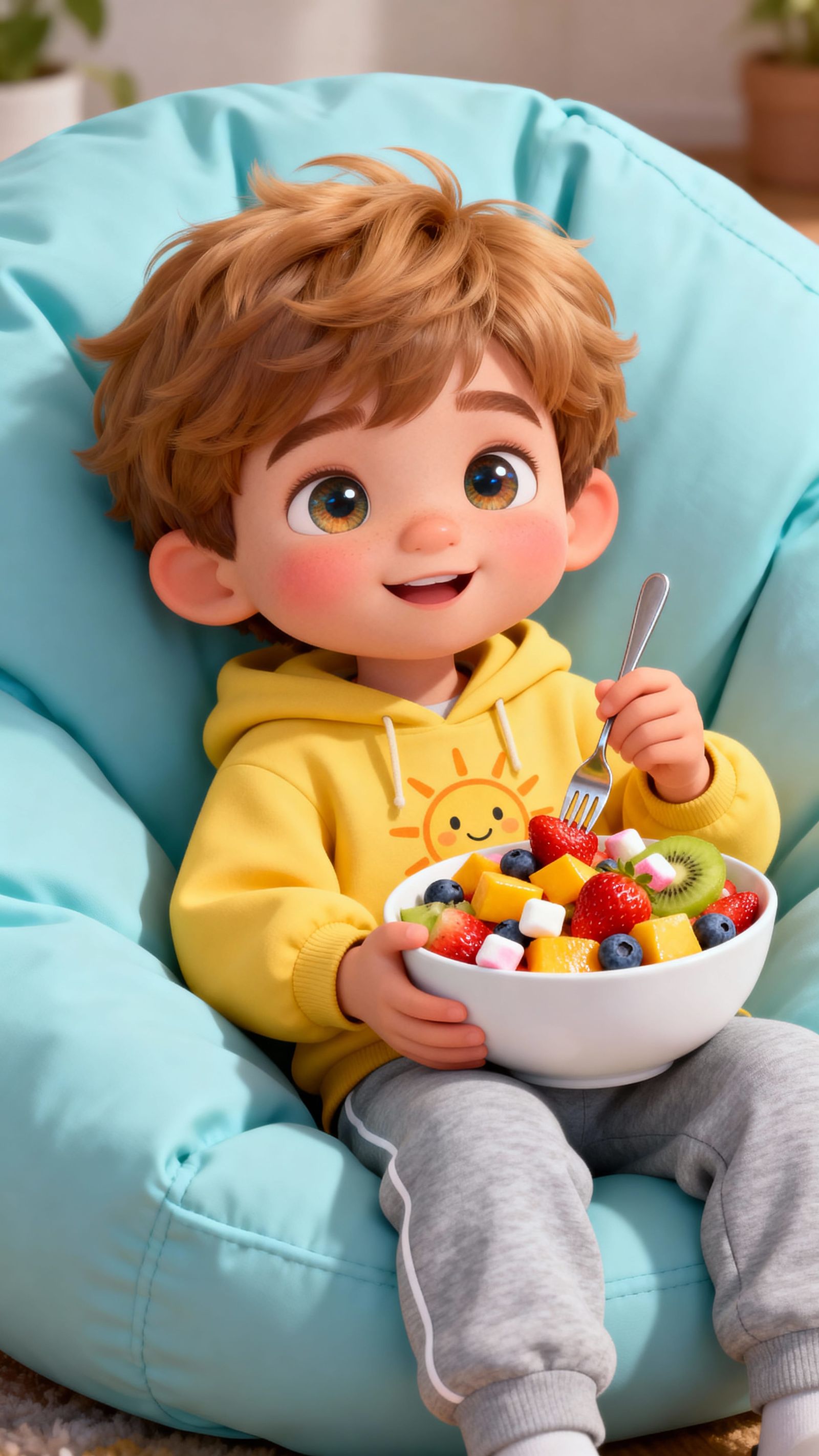 Animated Boy Eats Fruit Salad in Pixar Style