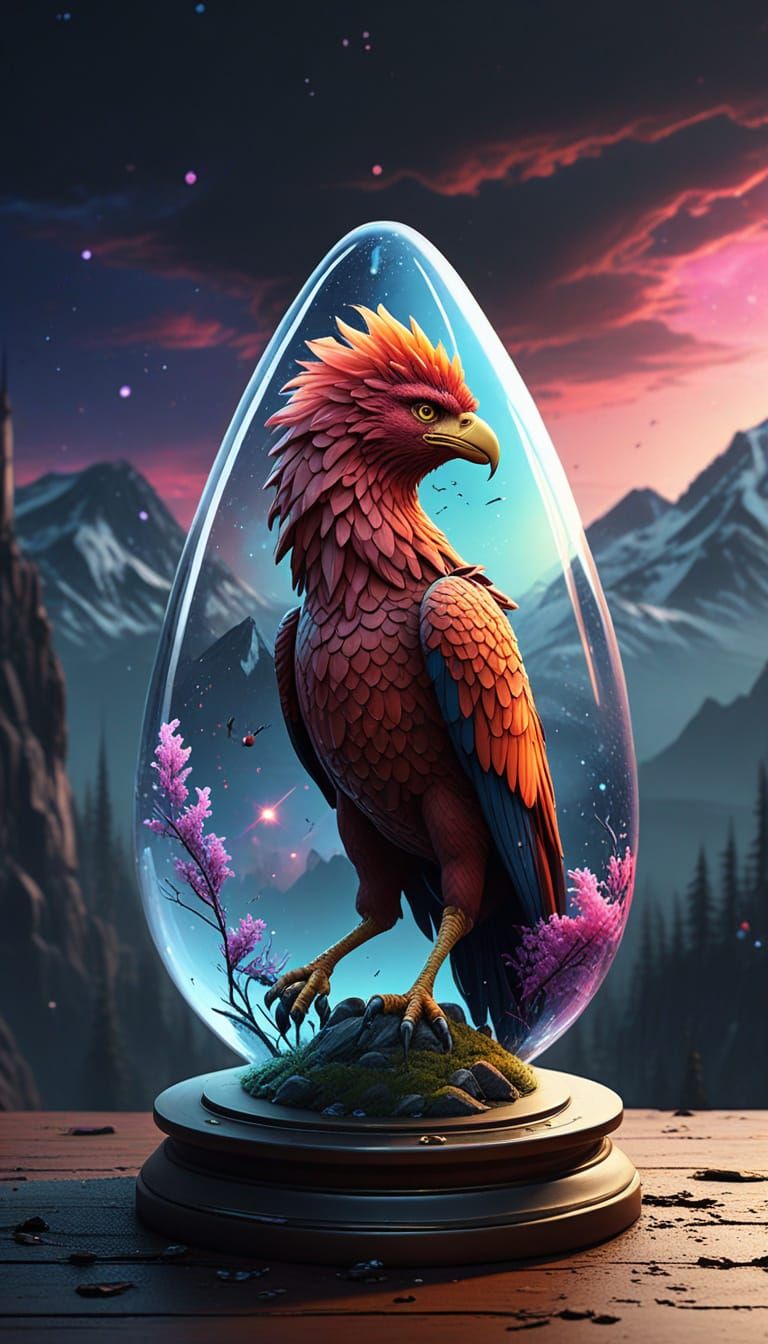 Ethereal Griffin in Glass Pear Amidst Vibrant Nebula