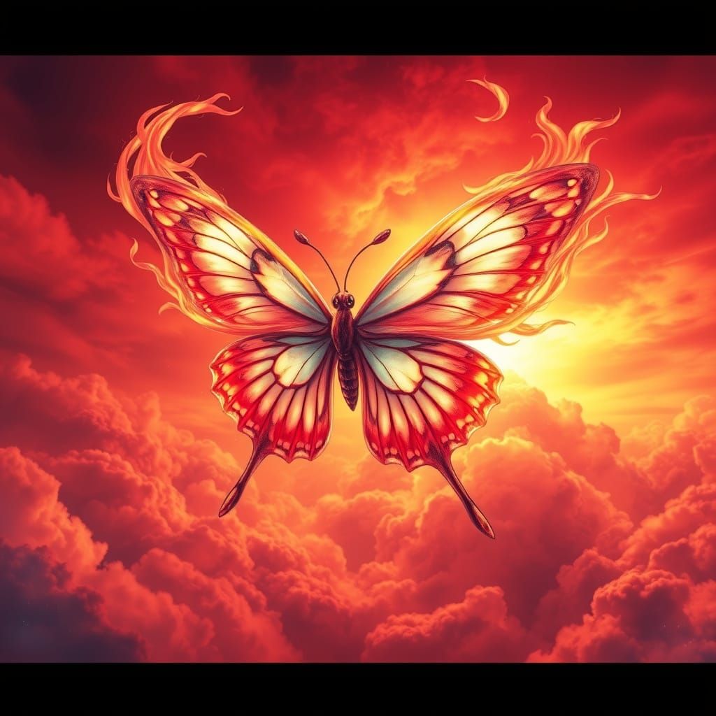 Majestic Flame Butterfly Soars Through Crimson Sky in Anime-...