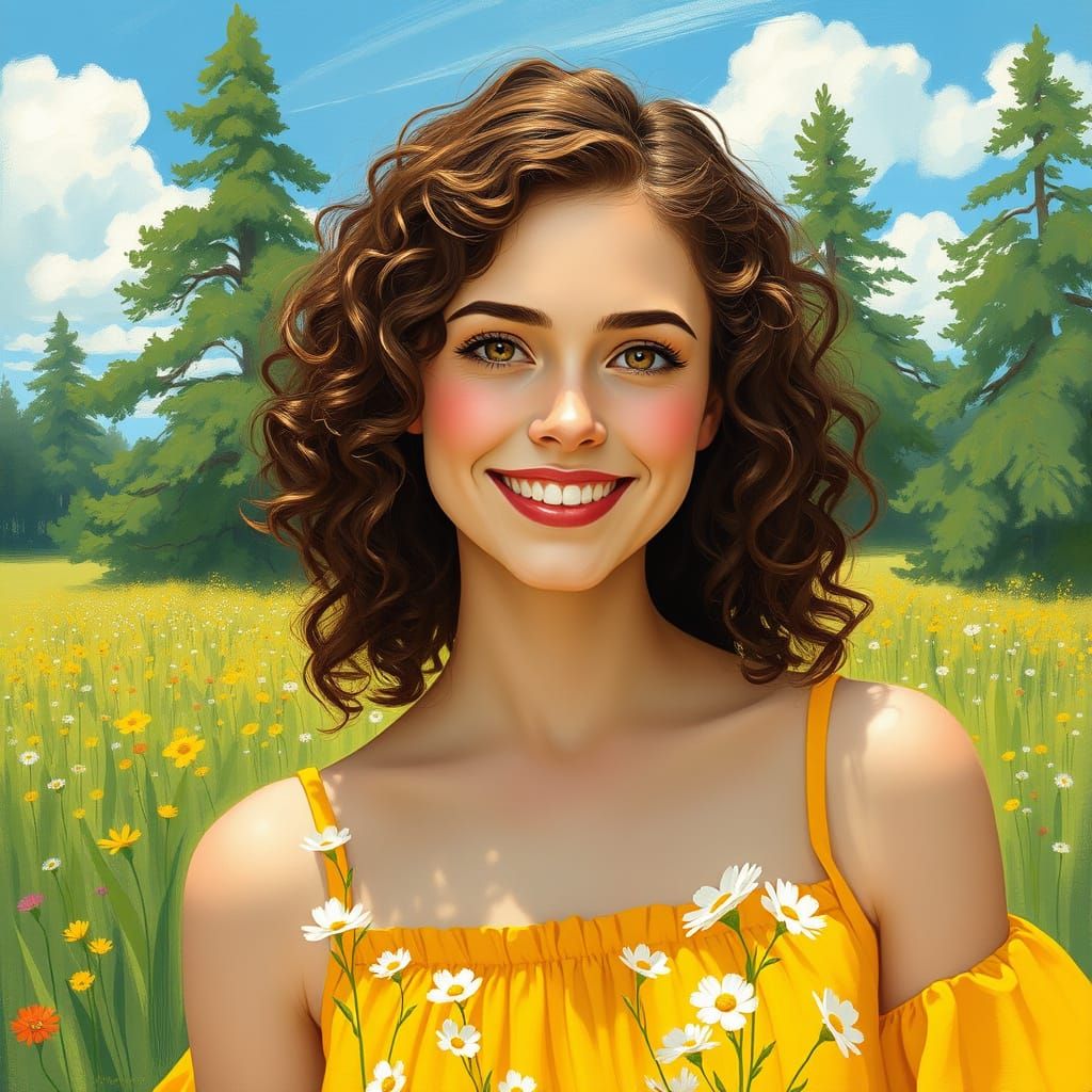 Woman in Lush Meadow, Impressionist Style