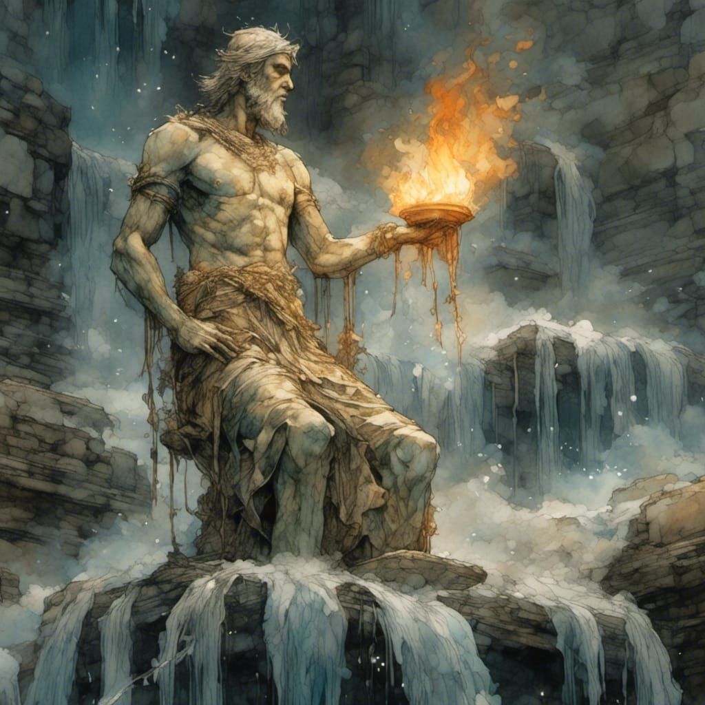 Giant Statue Holding Flame in Vibrant Watercolor