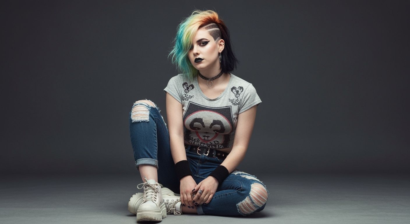 Punk Girl Portrait with Asymmetrical Hair in Skate-Punk Styl...
