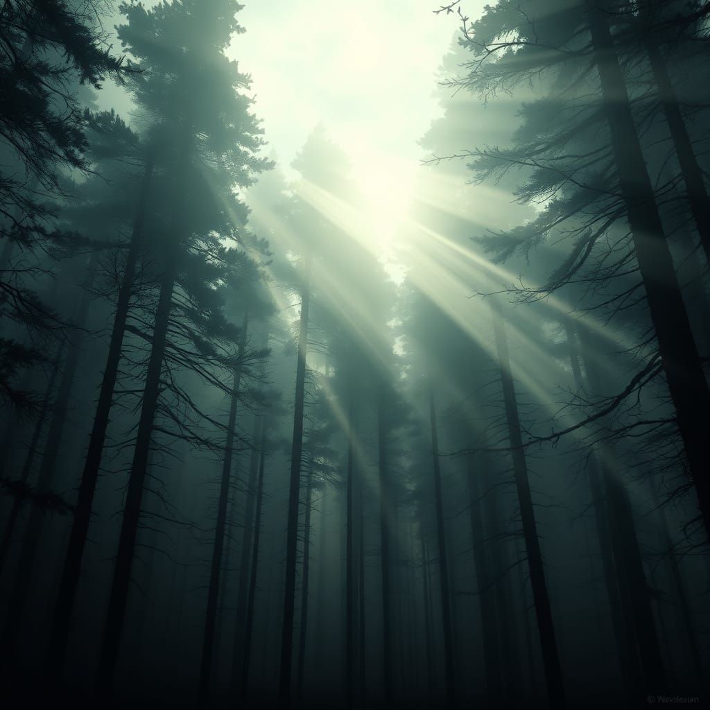 Misty Pine Forest with Ethereal Sunbeams