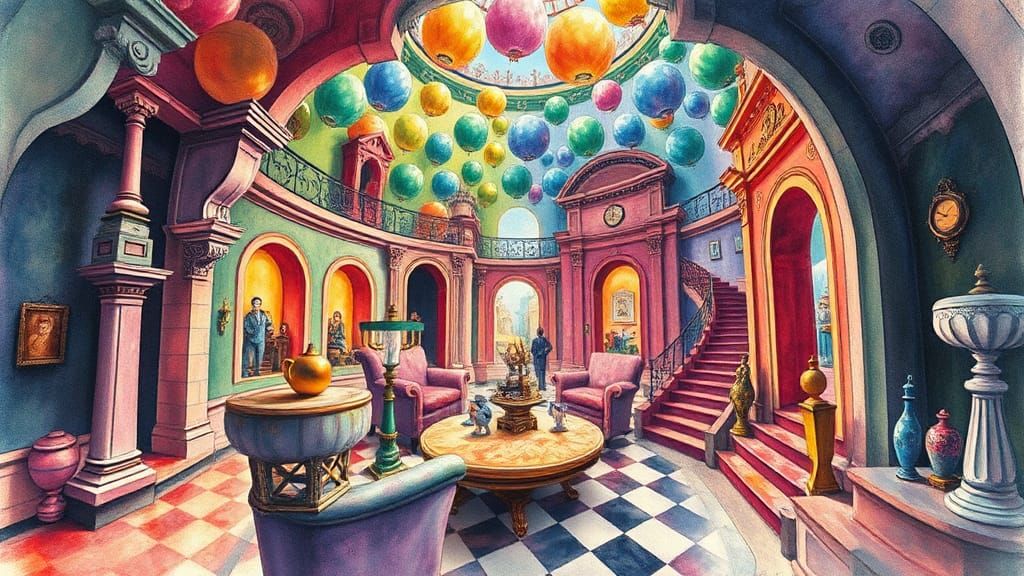 Surreal Watercolor Scene in Escher Style