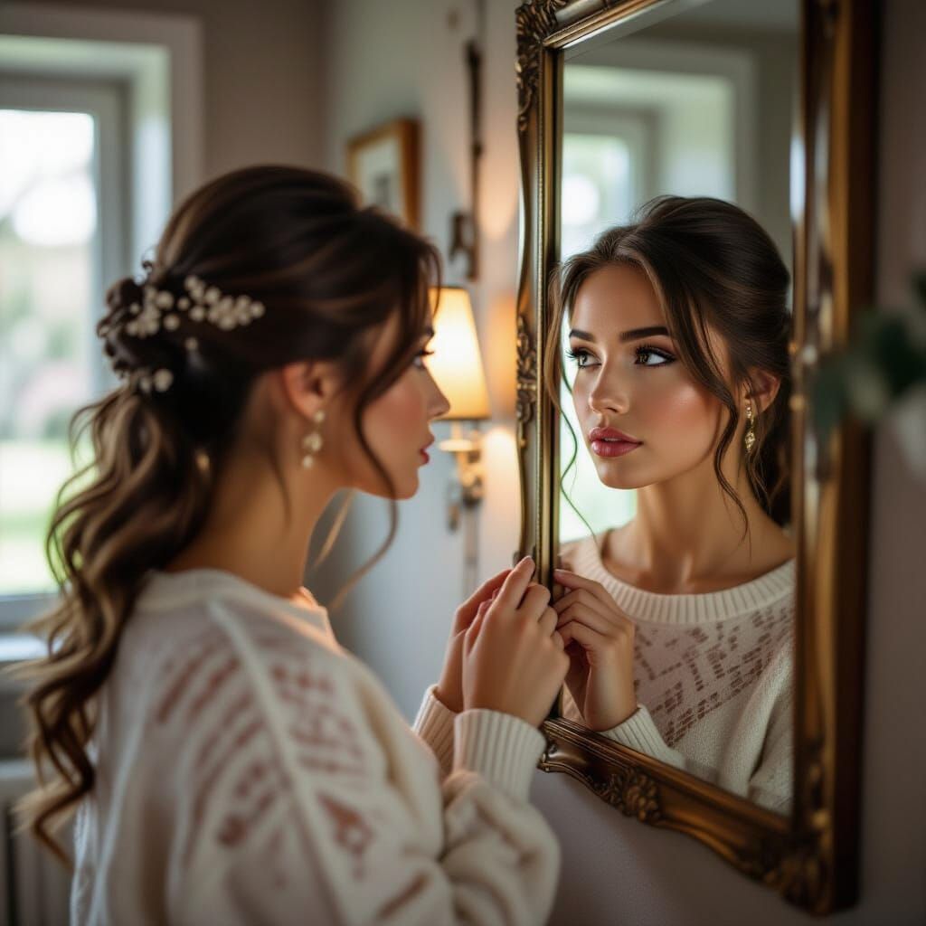 Young Woman and Elderly Reflection: Professional Portrait