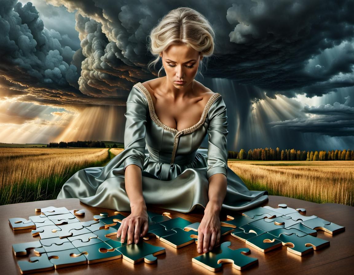 Sad Woman Assembling Life Puzzle Under Stormy Skies