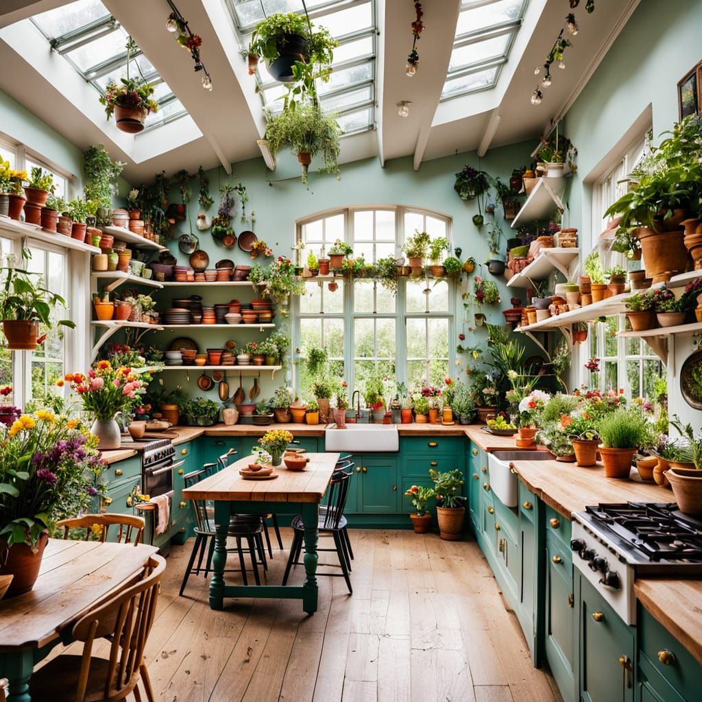 Maximalist Farmhouse Kitchen with Colorful Plants