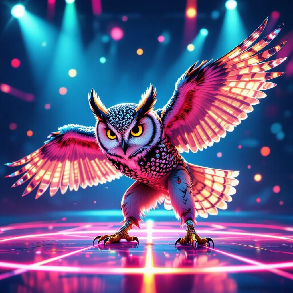Diamond Owl Breakdancing on Neon Floor