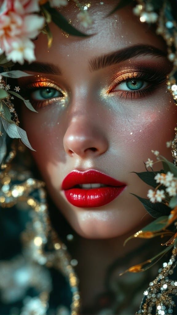 Ethereal Goddess in Darkness, Adorned with Whimsical Embroid...