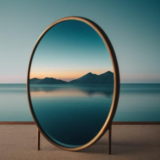 Surreal Mirror Floating Over the Sea: Cinematic Still