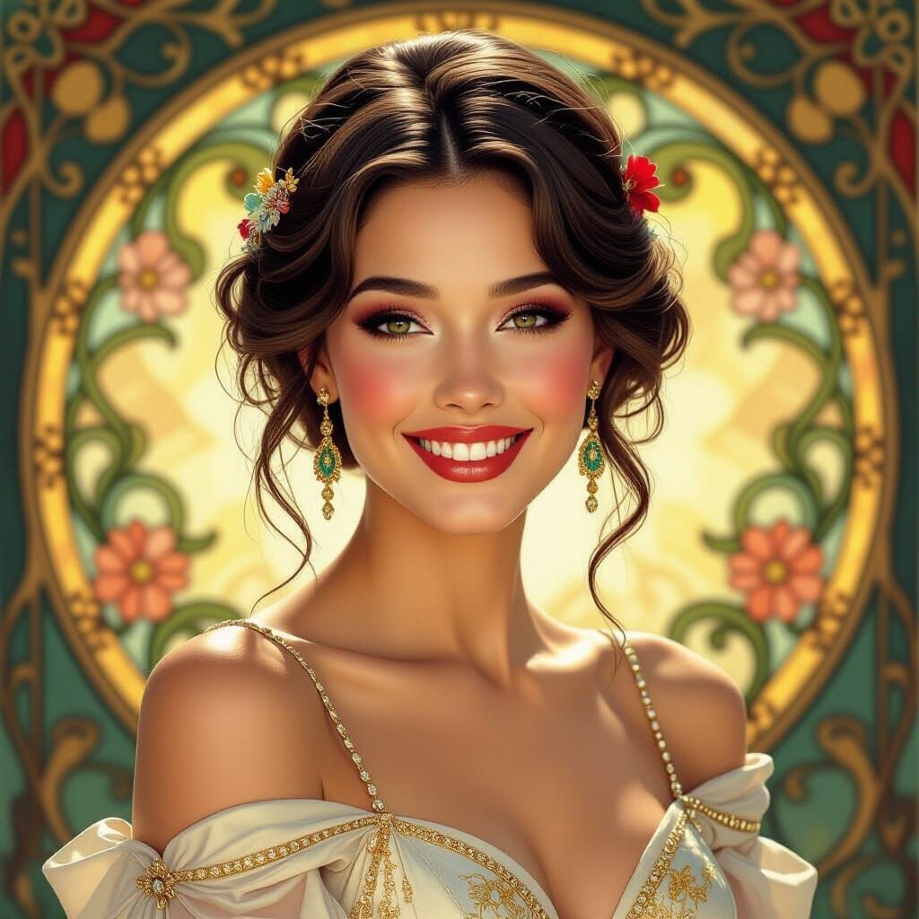 Elegant Woman with Engaging Smile in Art Nouveau Style