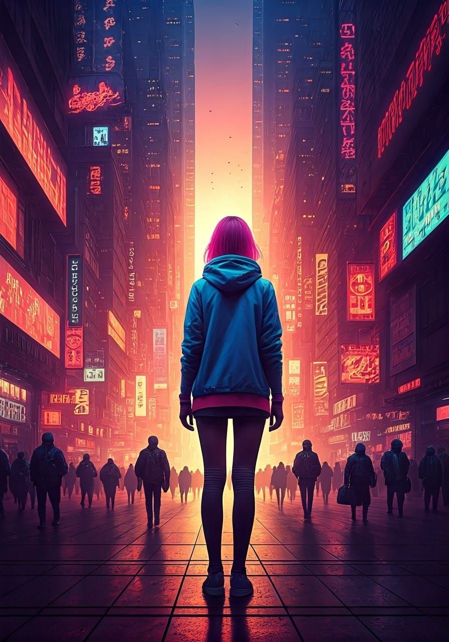 Neon Streetwear Woman in Cyberpunk Cityscape
