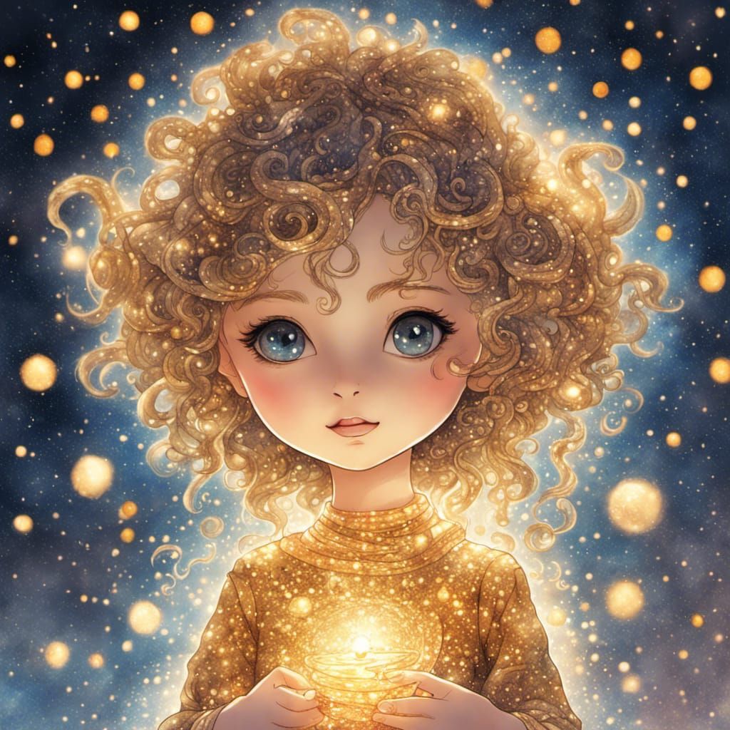 Watercolor Chibi Genie with Fractal Hair