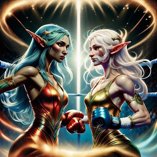 Elven Women Boxing in a Fantasy Boxing Ring