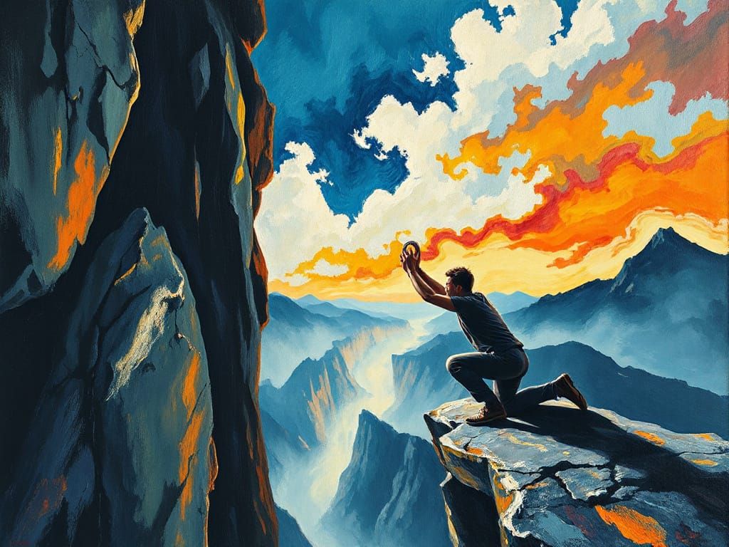 Expressionist Gouache Painting of Man Reaching for Falling R...