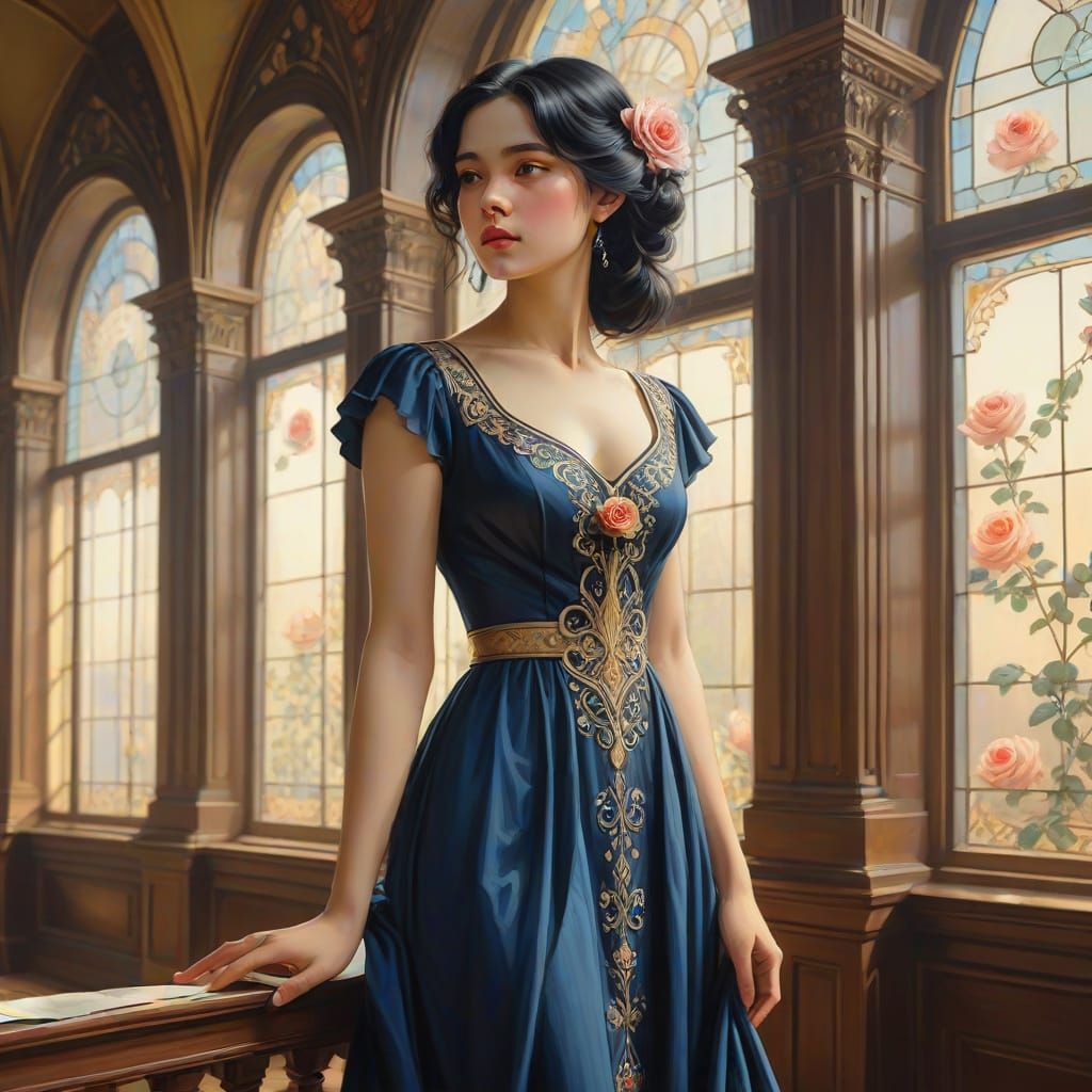 Elegant Woman in Library: Victorian Art Nouveau