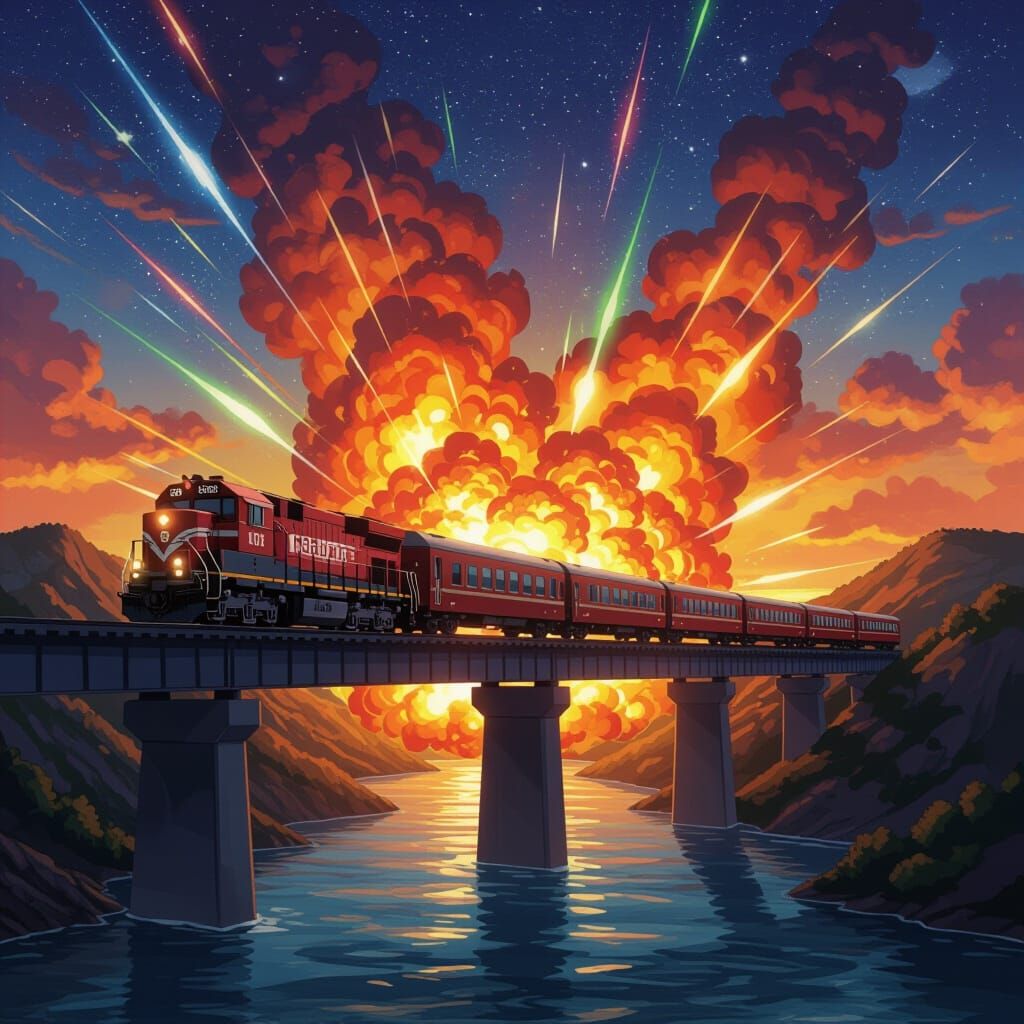 Train Wreck Over Valley with Fiery Explosion