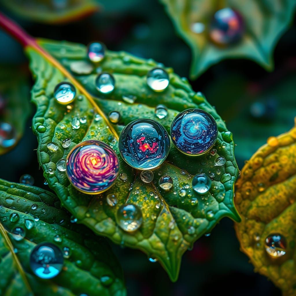 Galactic Droplets on Leaves in Vibrant Colors