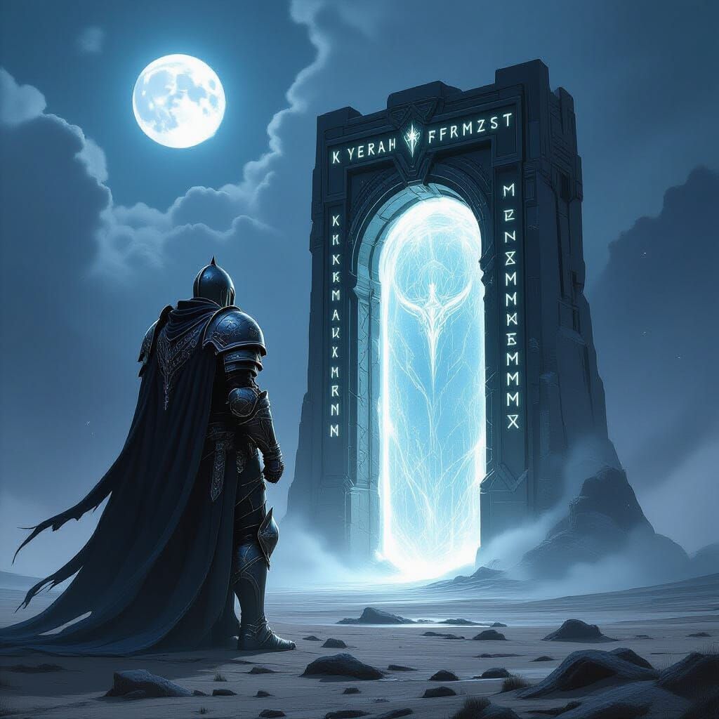 A colossal, ancient knight, clad in obsidian armor etched wi...