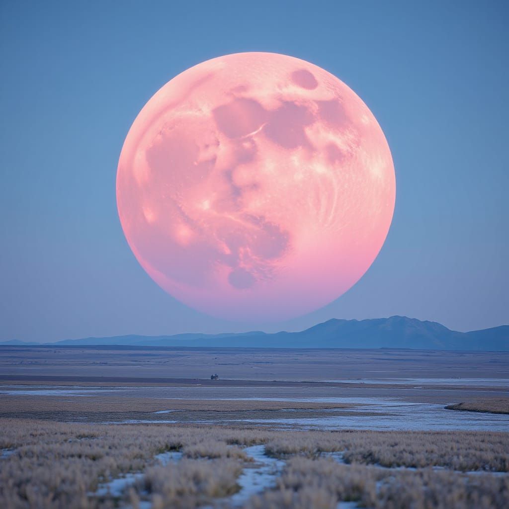 Vast Canadian Prairie Under a Vibrant Pink Full Moon