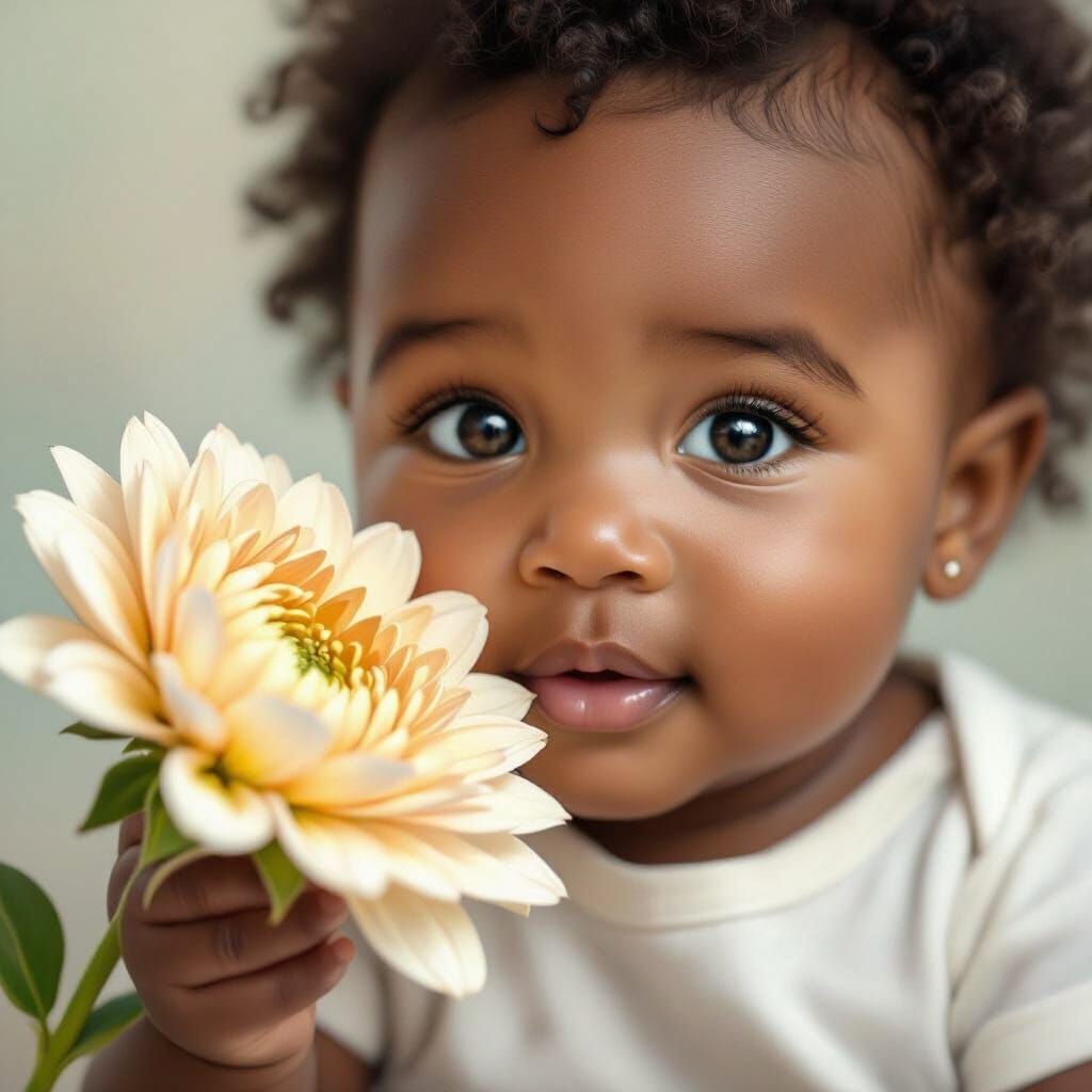 Hyperrealistic Baby Reaches for Giant Dew-Kissed Flower