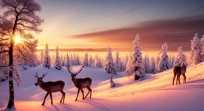Reindeer in Lapland: Winter Sunset Matte Painting