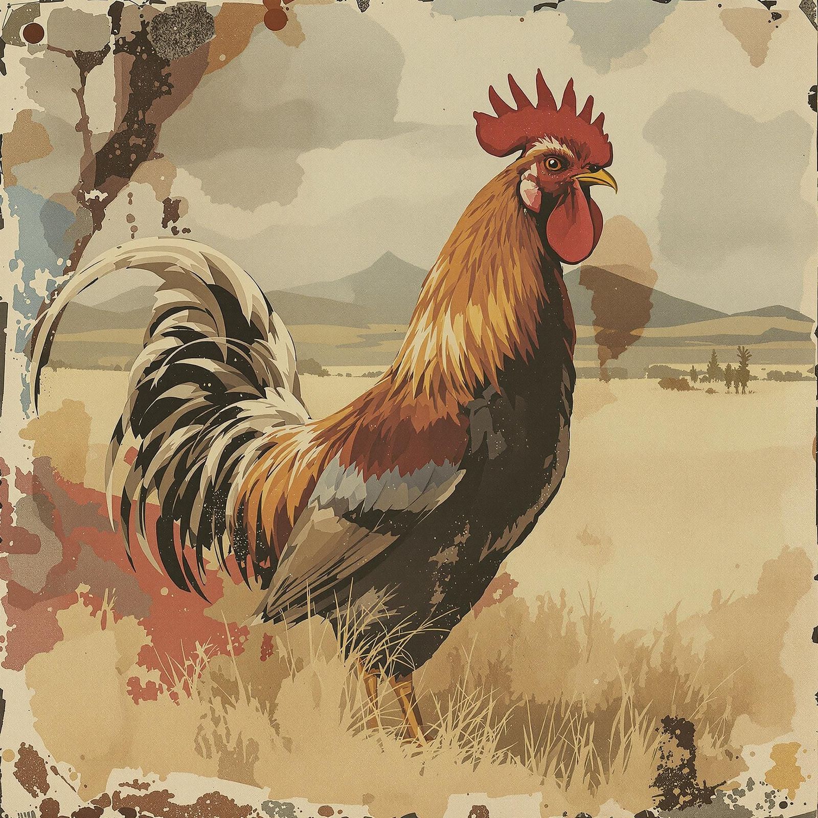 Rugged Pin-Up Rooster Showcases Morning Confidence