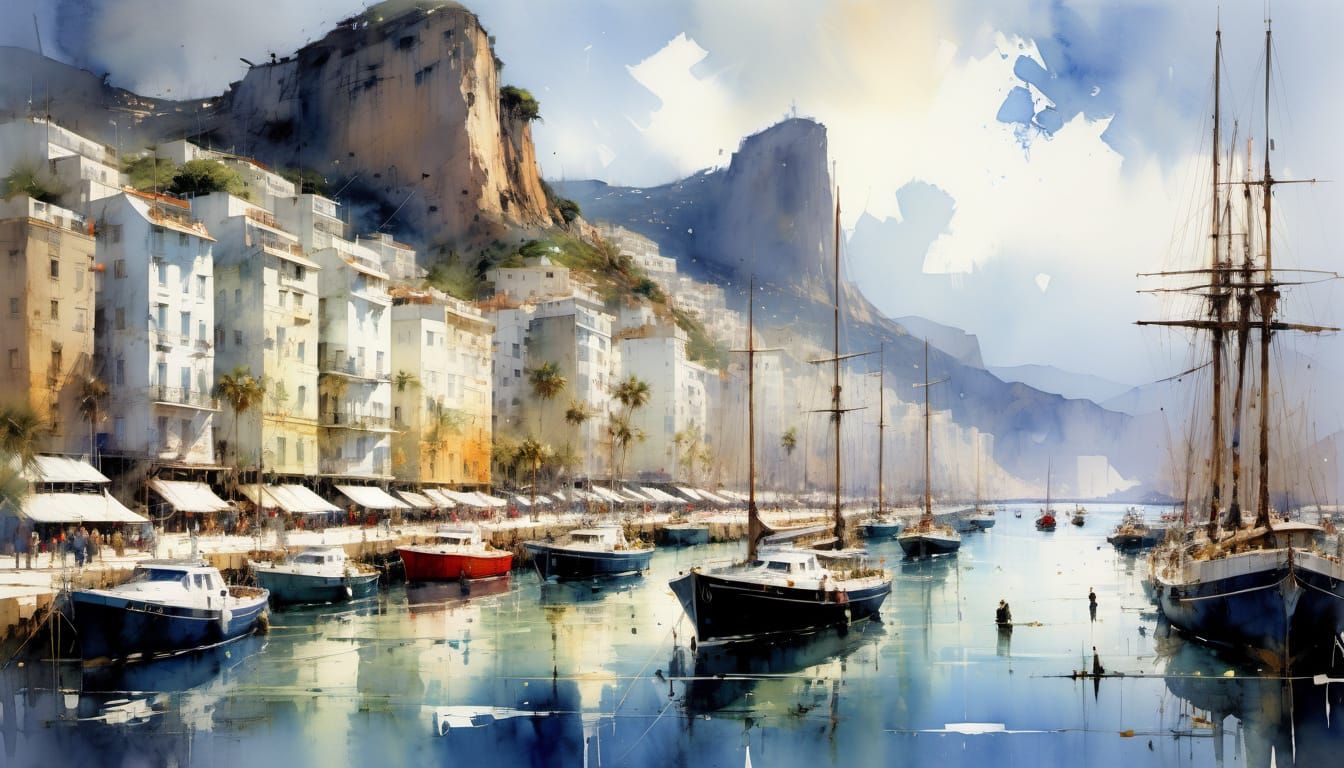 Idyllic Harbor of Sailing Yachts: Watercolor Painting