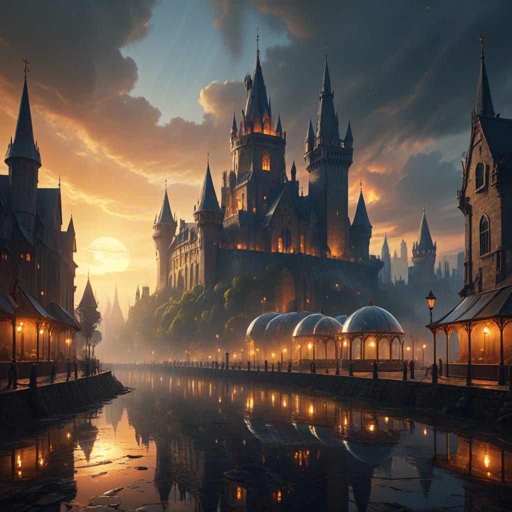 Medieval Castle Beside Glass Dome City in Golden Hour