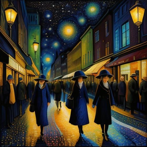 Van Gogh Style Cityscape Painting of Women at Night