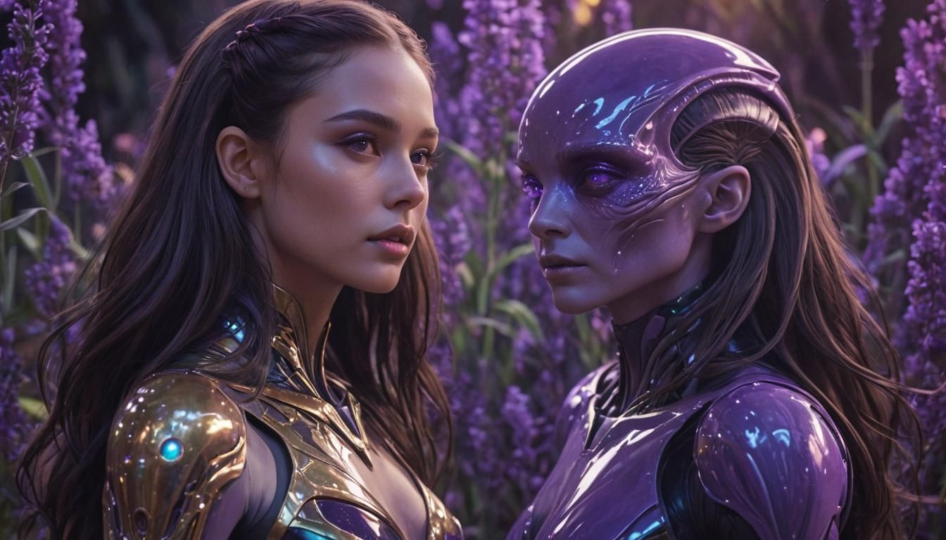 Girl and Alien in Neon Lit Sci-Fi Scene