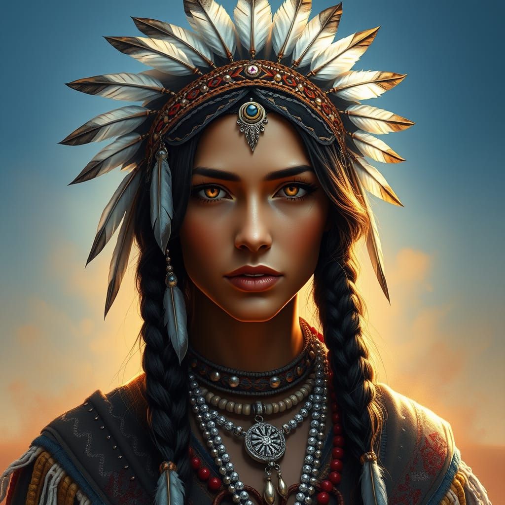 Mystical Native American Lady Portrait in Traditional Digita...
