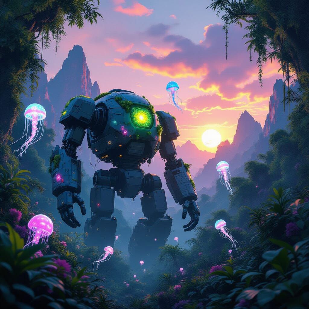 Ancient Robot in Alien Jungle with Twin Suns