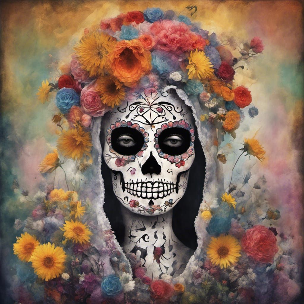 Sugar Skull Aztec Santa Muerte  made of flowers, Santa Muert...