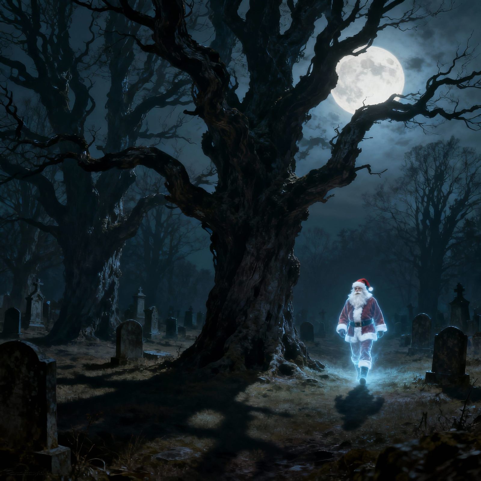 Spectral Santa Haunts Moonlit Graveyard in Ethereal Matte Pa...