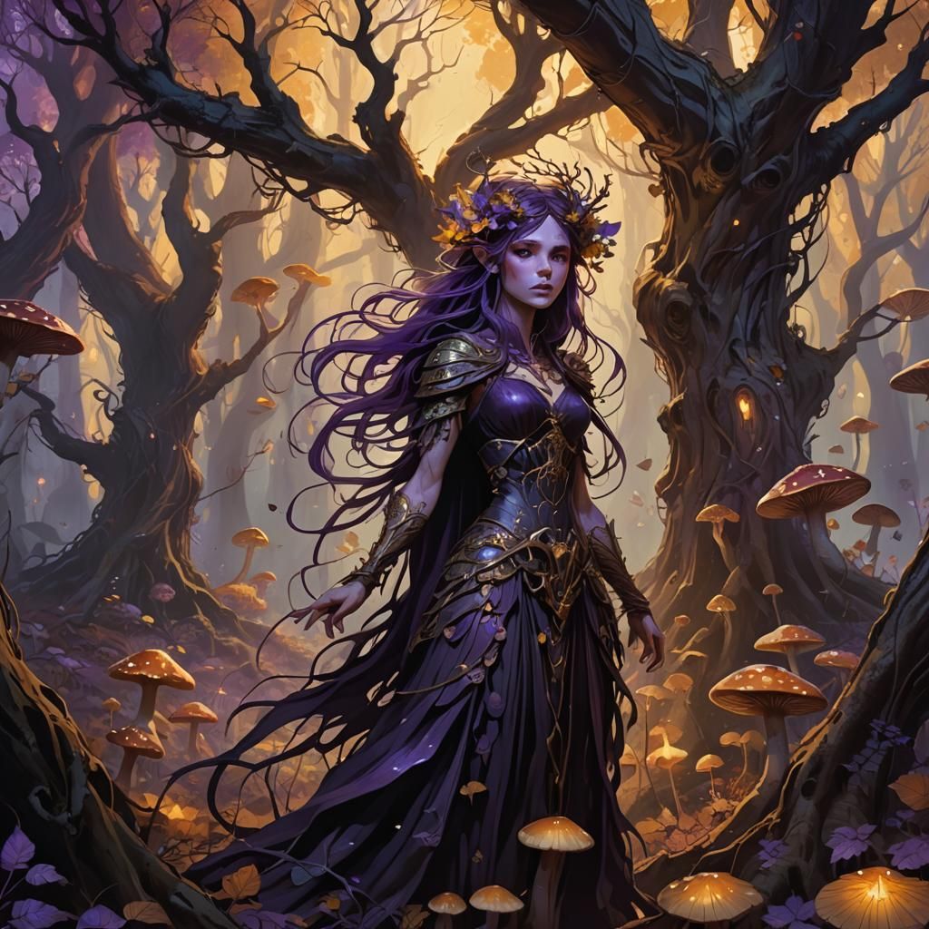 Mystical Autumn Fae in a Dark Forest