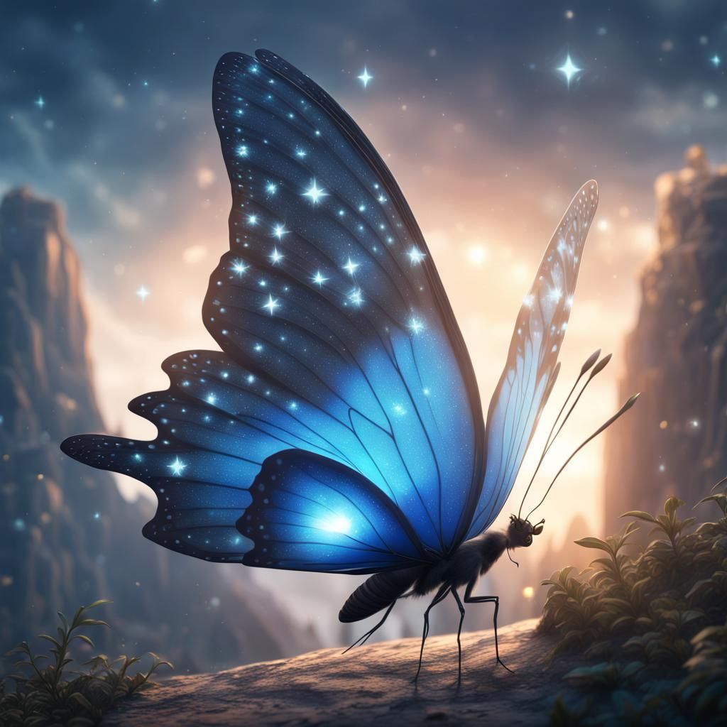 Glowing Blue Butterfly with Star Pattern Wings