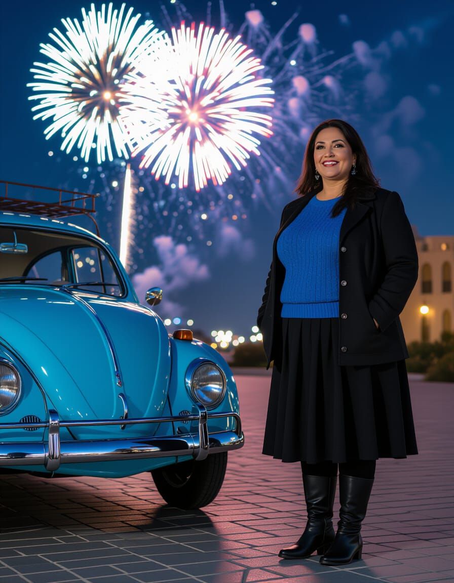 Egyptian Woman Watches New Year Fireworks Near Vintage Car