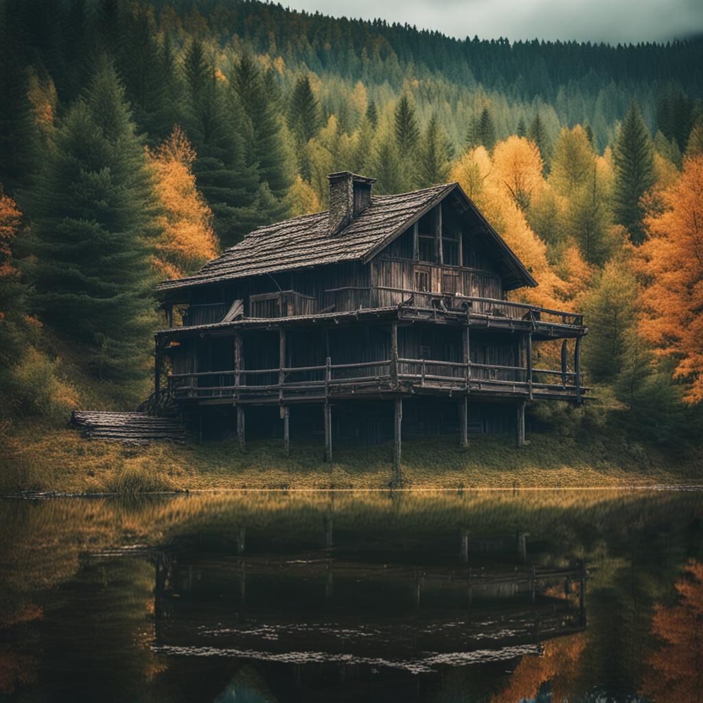 Abandoned Hunting Lodge in Mountain Forest