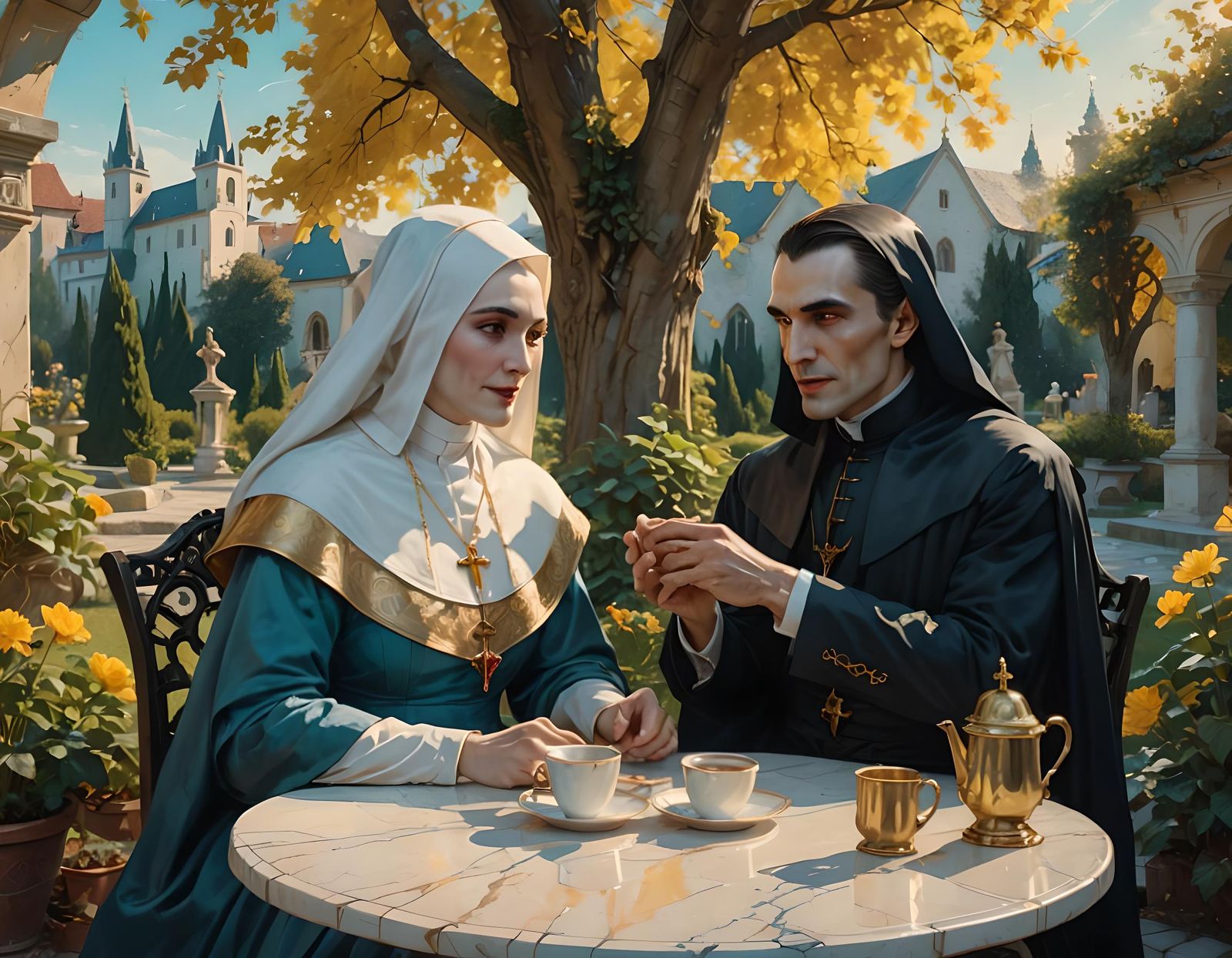 Dracula and Nun in Garden: Tonalism Fantasy Art