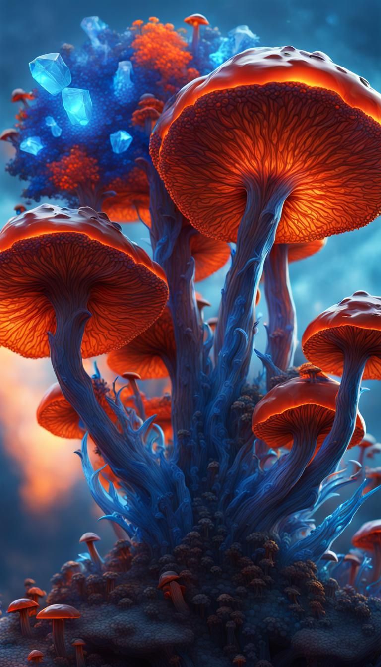 Blue Crystals and Orange Mushrooms in Fantasy Art