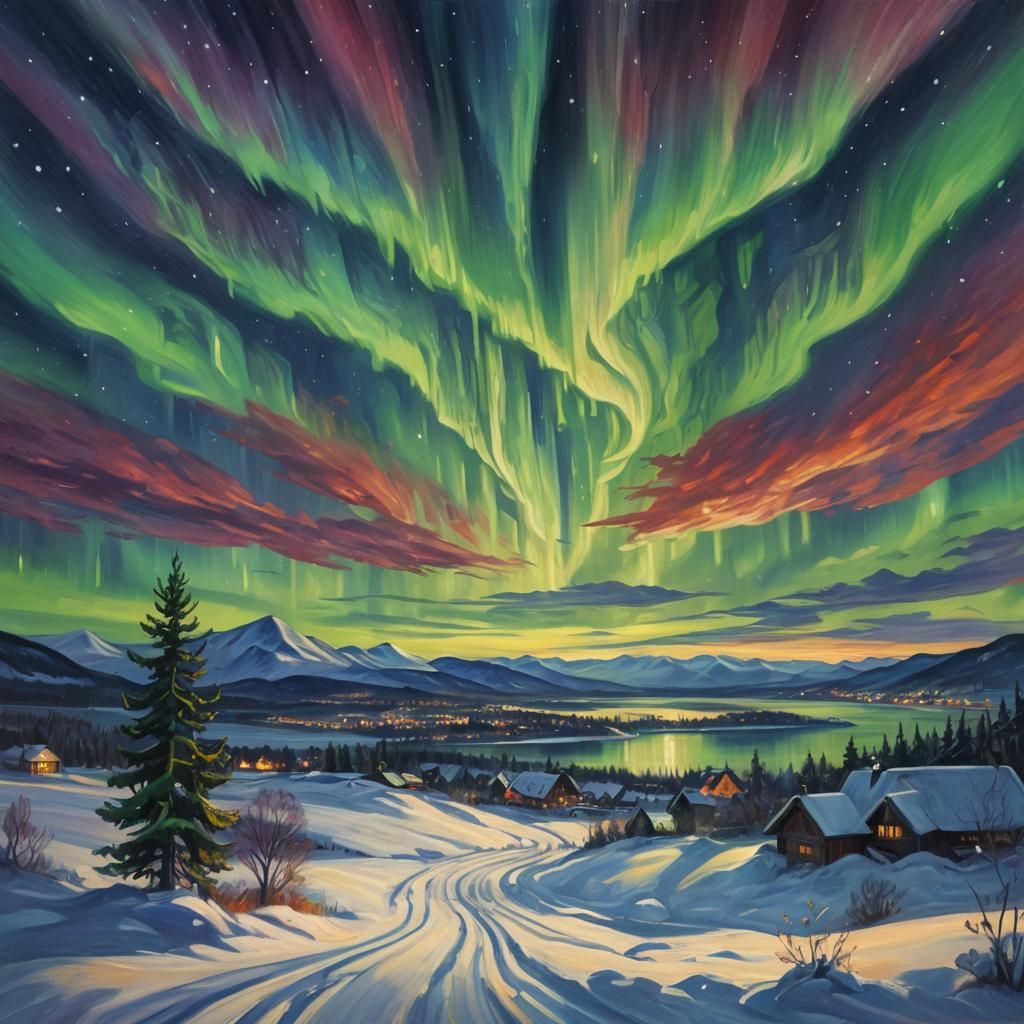 Aurora Borealis Expressionist Night Sky Painting