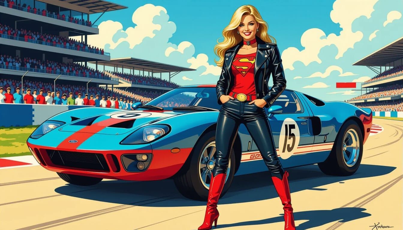 Kara Zor-El Posing with Ford GT40, Hand-Drawn Style