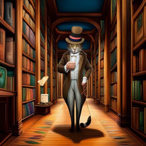 Distinguished Cat Humanoid Reads in Magical Library