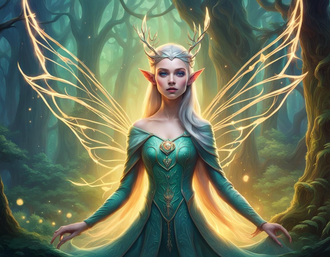 Enchanted Elves in Mystical Forest, Digital Art