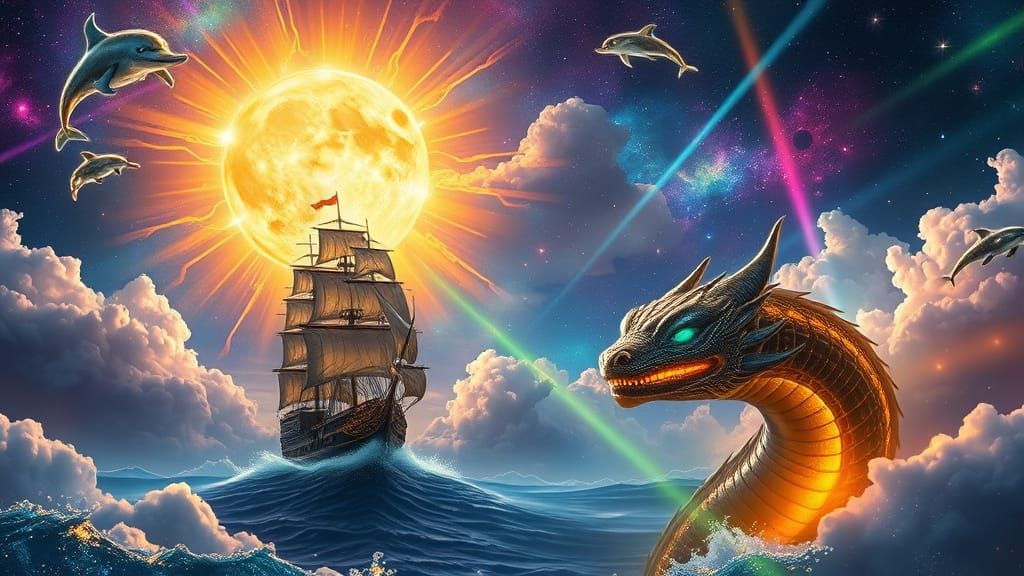 Neon Cosmic Sea Serpent and Chinese Treasure Ships