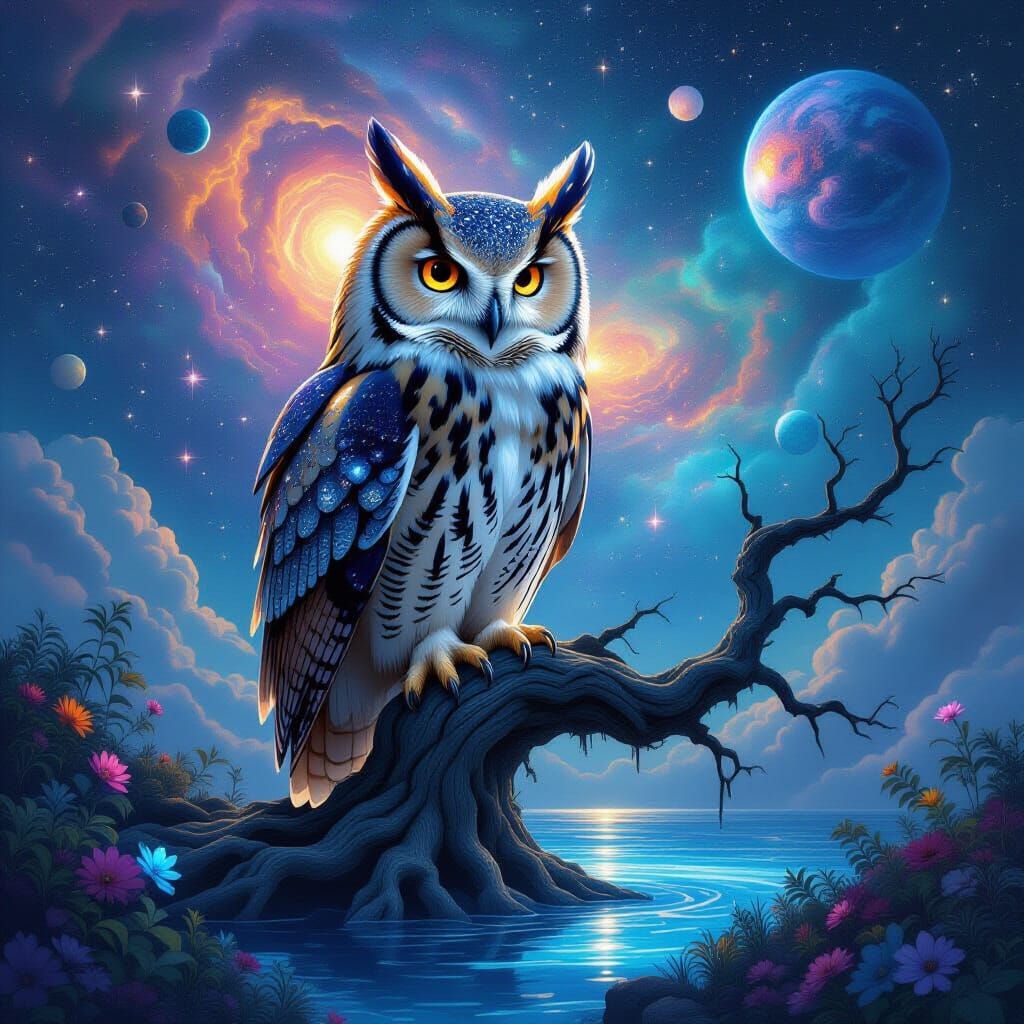 Cosmic Owl Perched on Ancient Tree