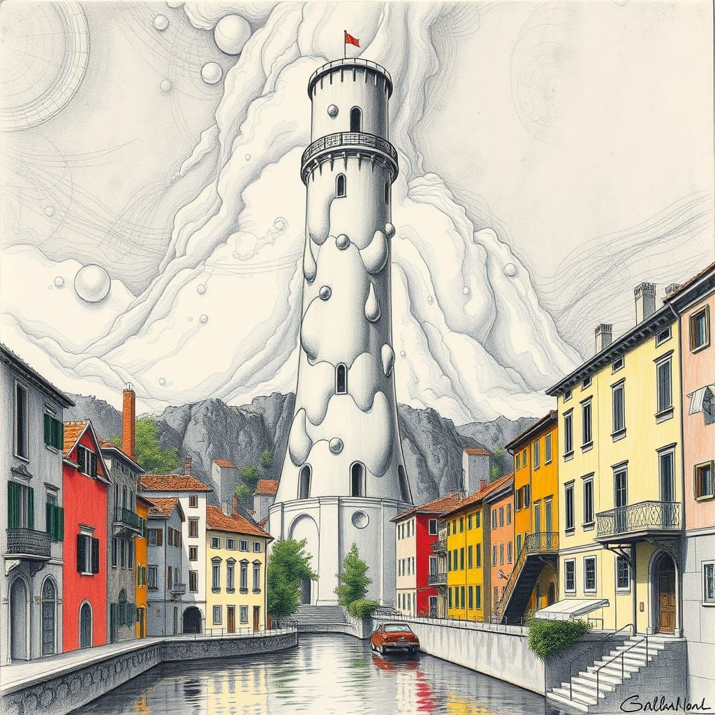 Surreal Milk Tower in Italian Town, Art Deco Style